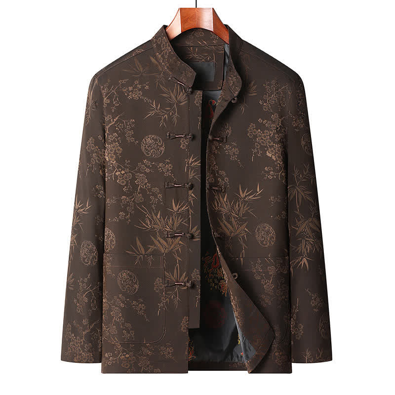Buddha Stones Fall Winter Tang Style Vintage Mandarin Collar Frog Button Floral Men's Meditation Cloth With Pocket - Brown top - US/UK/AU44，EU54 (4XL) - image 8