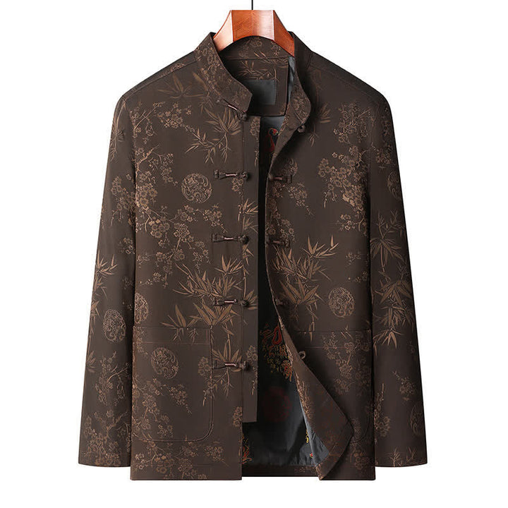 Buddha Stones Fall Winter Tang Style Vintage Mandarin Collar Frog Button Floral Men's Meditation Cloth With Pocket - Brown top - US/UK/AU44，EU54 (4XL) - image 8