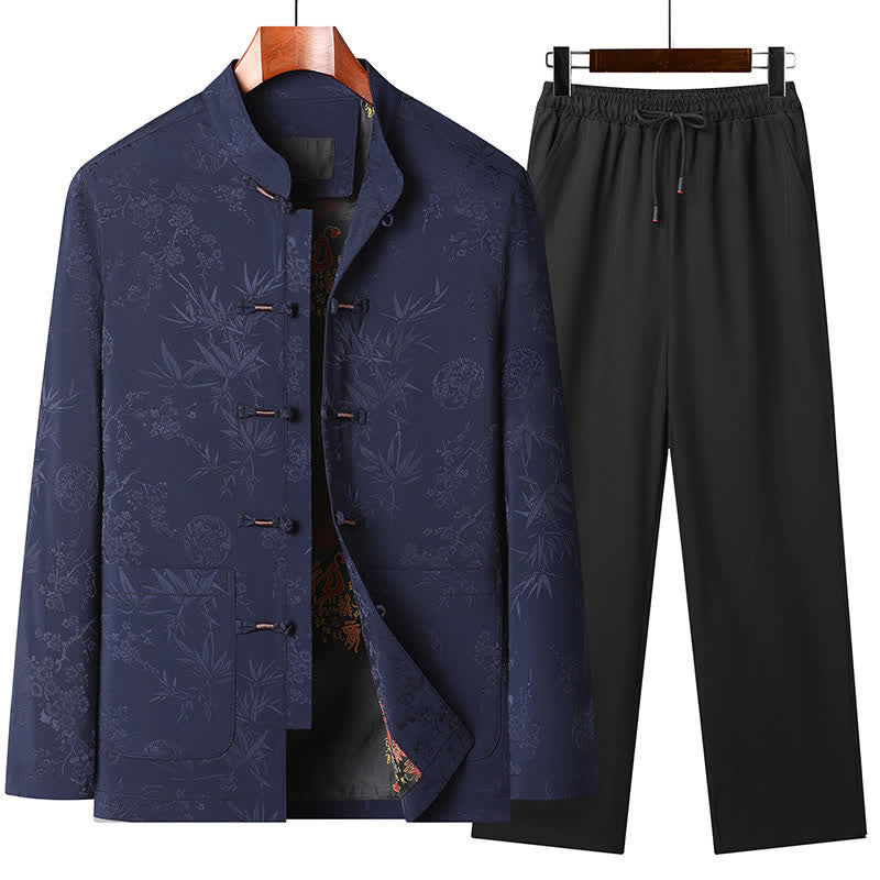Buddha Stones Fall Winter Tang Style Vintage Mandarin Collar Frog Button Floral Men's Meditation Cloth With Pocket - Navy blue set - US/UK/AU44，EU54 (4XL) - image 4