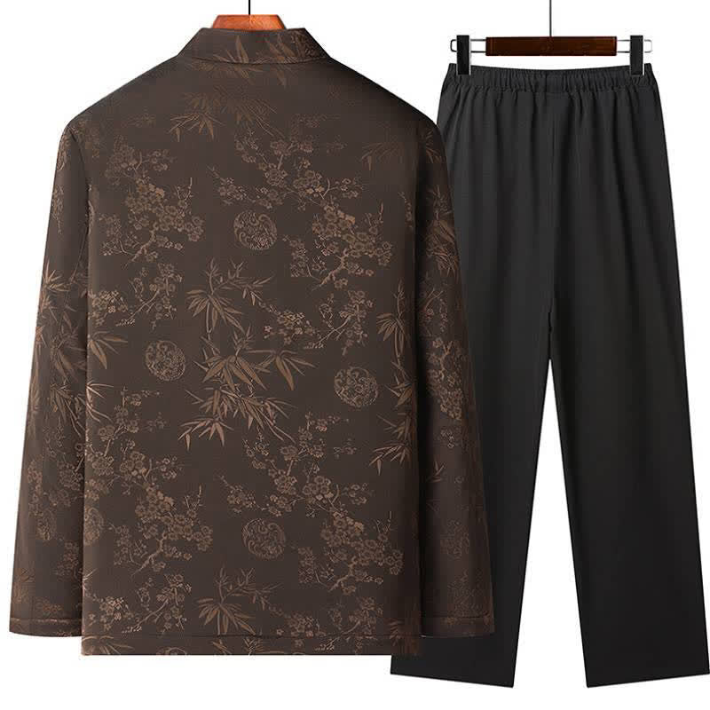 Buddha Stones Fall Winter Tang Style Vintage Mandarin Collar Frog Button Floral Men's Meditation Cloth With Pocket - image 7