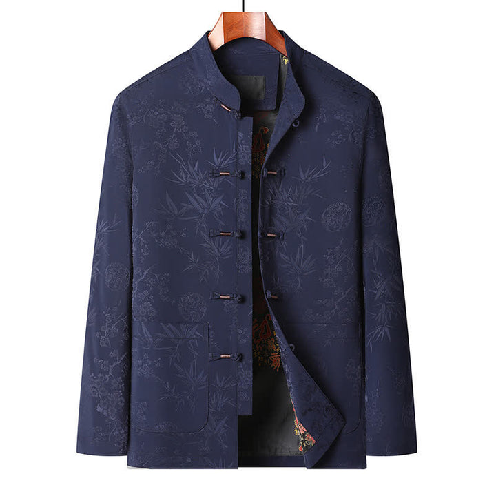 Buddha Stones Fall Winter Tang Style Vintage Mandarin Collar Frog Button Floral Men's Meditation Cloth With Pocket - Navy blue top - US/UK/AU44，EU54 (4XL) - image 5