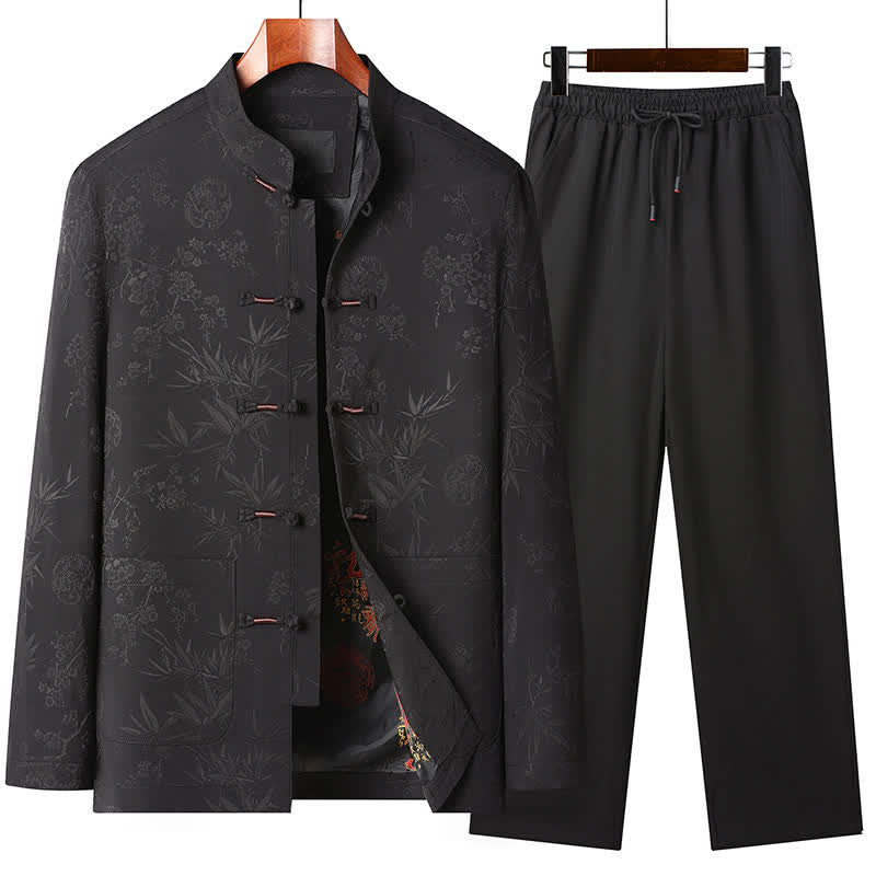 Buddha Stones Fall Winter Tang Style Vintage Mandarin Collar Frog Button Floral Men's Meditation Cloth With Pocket - Black set - US/UK/AU44，EU54 (4XL) - image 2