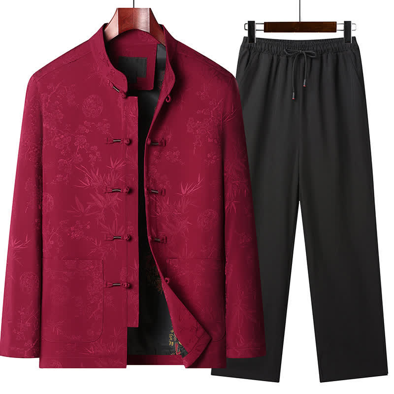 Buddha Stones Fall Winter Tang Style Vintage Mandarin Collar Frog Button Floral Men's Meditation Cloth With Pocket - Red set - US/UK/AU44，EU54 (4XL) - image 0