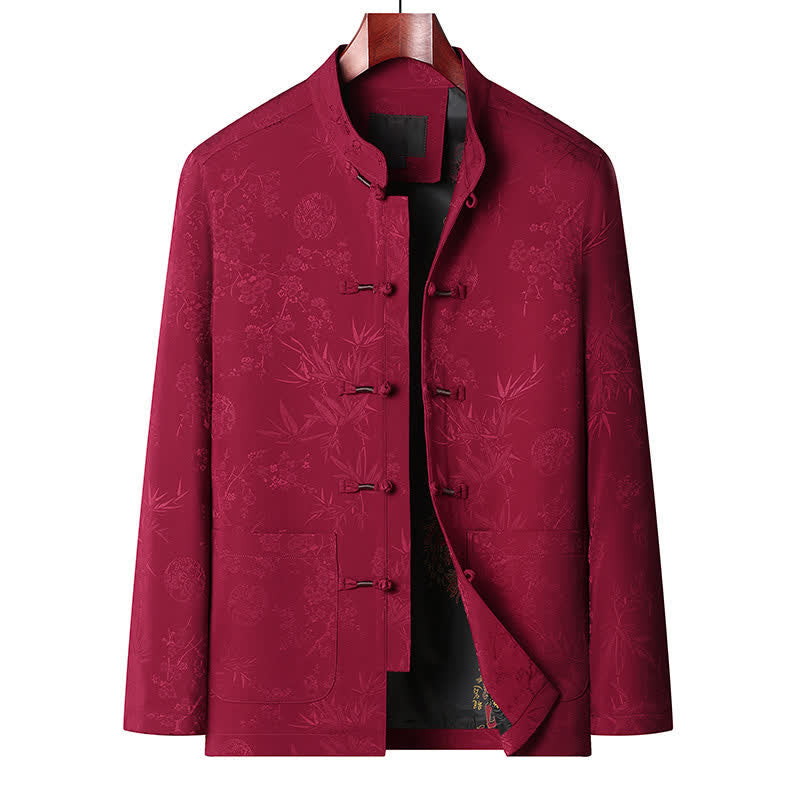 Buddha Stones Fall Winter Tang Style Vintage Mandarin Collar Frog Button Floral Men's Meditation Cloth With Pocket - Red top - US/UK/AU44，EU54 (4XL) - image 1
