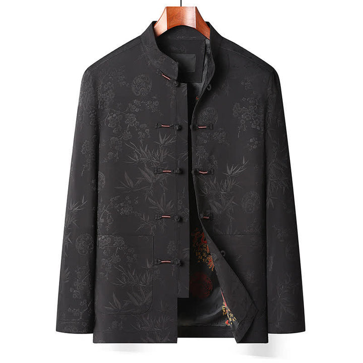 Buddha Stones Fall Winter Tang Style Vintage Mandarin Collar Frog Button Floral Men's Meditation Cloth With Pocket - Black top - US/UK/AU44，EU54 (4XL) - image 3