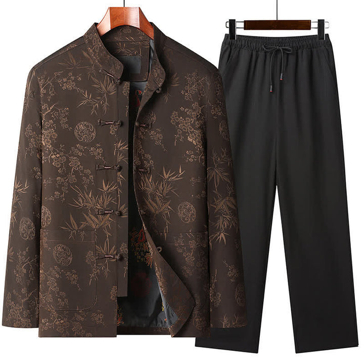 Buddha Stones Fall Winter Tang Style Vintage Mandarin Collar Frog Button Floral Men's Meditation Cloth With Pocket - Brown set - US/UK/AU44，EU54 (4XL) - image 6