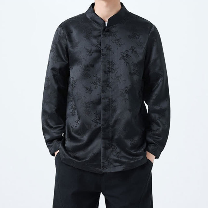 Buddha Stones Fall Vintage Tang Style Mandarin Collar Floral Men's Long Sleeve Shirts - image 3