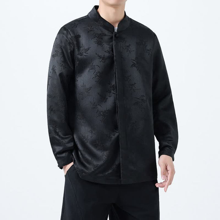Buddha Stones Fall Vintage Tang Style Mandarin Collar Floral Men's Long Sleeve Shirts - Black - US/UK/AU46，EU56 (5XL) - image 0