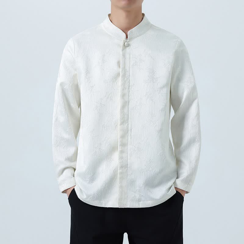 Buddha Stones Fall Vintage Tang Style Mandarin Collar Floral Men's Long Sleeve Shirts - WhiteSmoke - US/UK/AU46，EU56 (5XL) - image 12