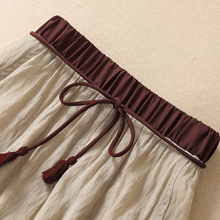 Buddha Stones Casual Contrasting Color Pleated Lace-Up Design Women's 7-8 Length Skirt - image 2