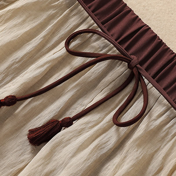 Buddha Stones Casual Contrasting Color Pleated Lace-Up Design Women's 7-8 Length Skirt - image 4