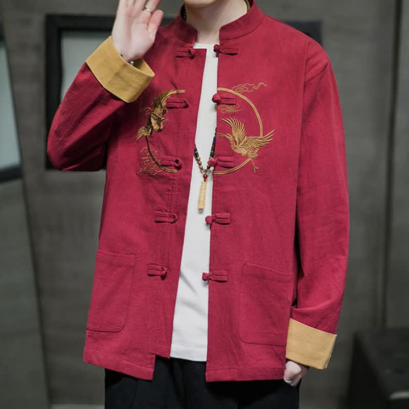 Buddha Stones Fall Winter Tang Style Vintage Frog Button Crane Clouds Embroidery Pattern Cotton Men's Jacket With Pockets - image 8