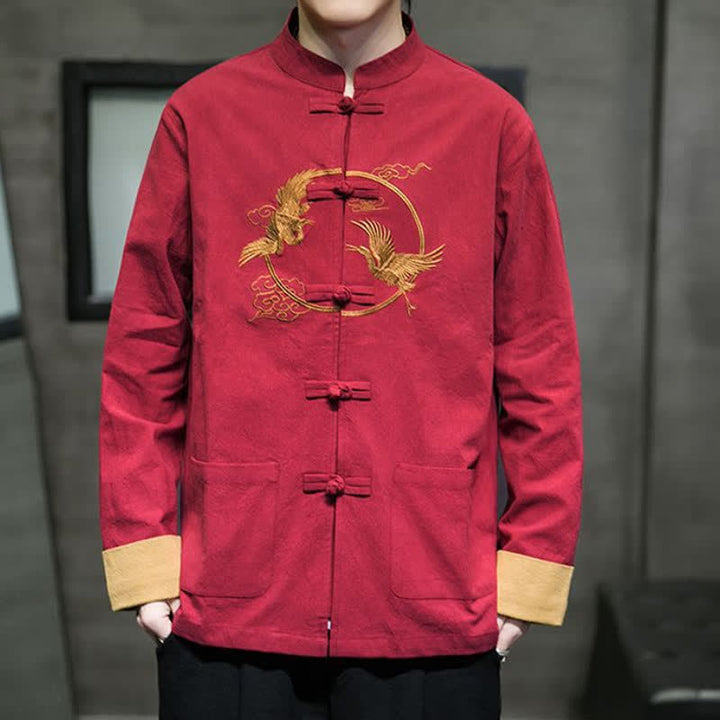 Buddha Stones Fall Winter Tang Style Vintage Frog Button Crane Clouds Embroidery Pattern Cotton Men's Jacket With Pockets - image 5