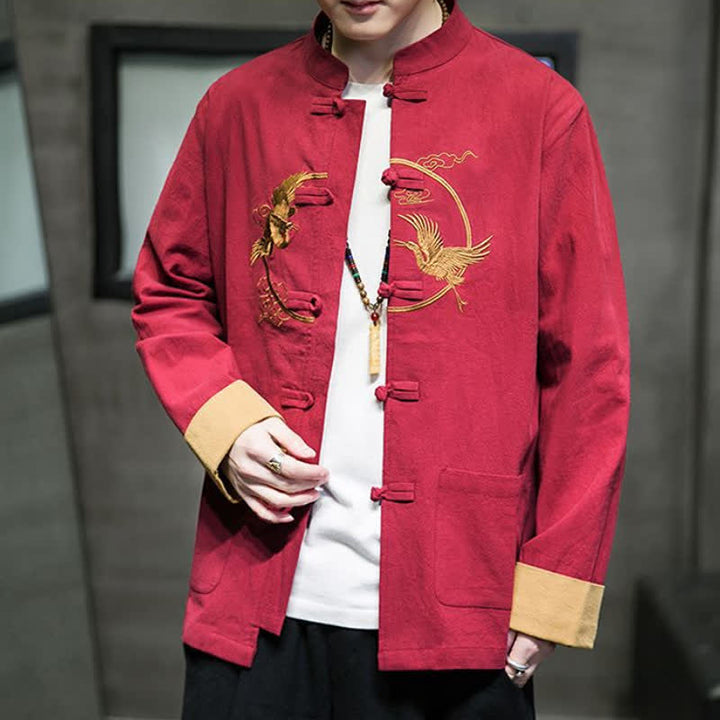 Buddha Stones Fall Winter Tang Style Vintage Frog Button Crane Clouds Embroidery Pattern Cotton Men's Jacket With Pockets - image 7