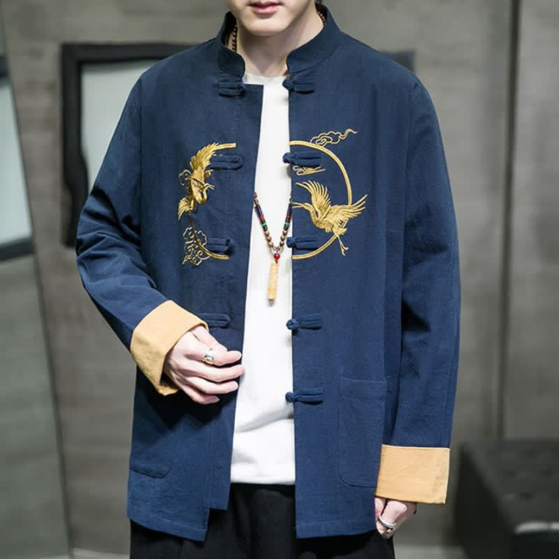 Buddha Stones Fall Winter Tang Style Vintage Frog Button Crane Clouds Embroidery Pattern Cotton Men's Jacket With Pockets - image 17