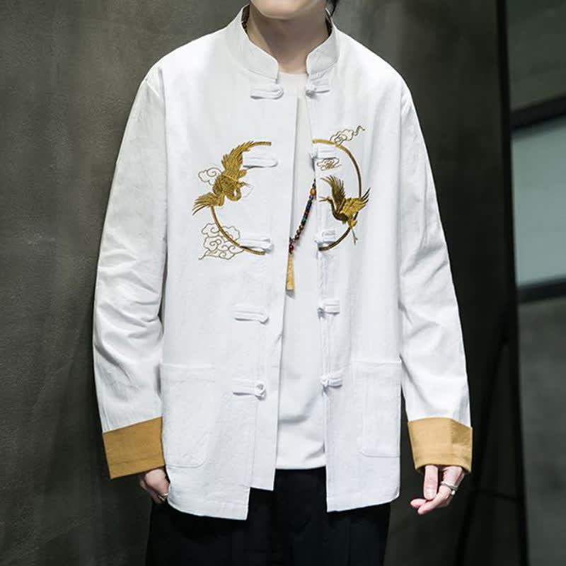 Buddha Stones Fall Winter Tang Style Vintage Frog Button Crane Clouds Embroidery Pattern Cotton Men's Jacket With Pockets - image 32
