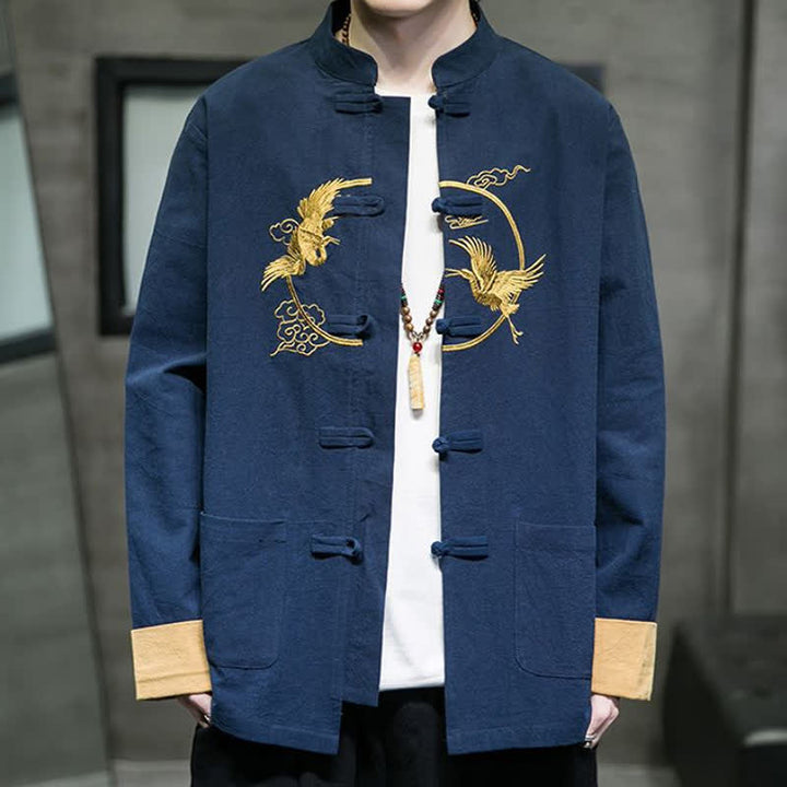 Buddha Stones Fall Winter Tang Style Vintage Frog Button Crane Clouds Embroidery Pattern Cotton Men's Jacket With Pockets - image 16