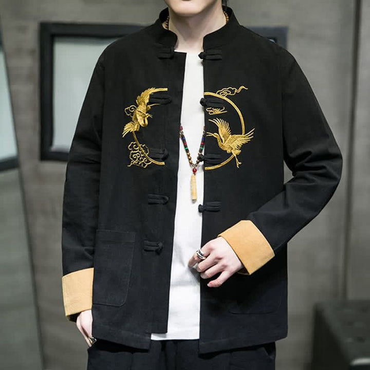 Buddha Stones Fall Winter Tang Style Vintage Frog Button Crane Clouds Embroidery Pattern Cotton Men's Jacket With Pockets - image 11