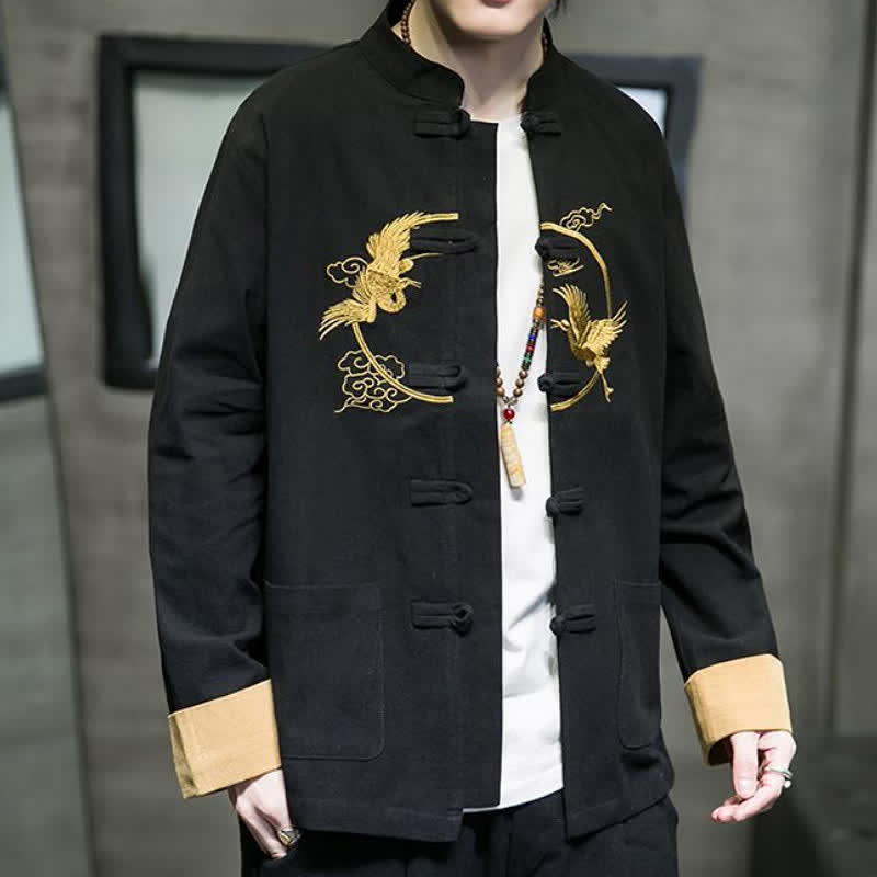 Buddha Stones Fall Winter Tang Style Vintage Frog Button Crane Clouds Embroidery Pattern Cotton Men's Jacket With Pockets - image 12