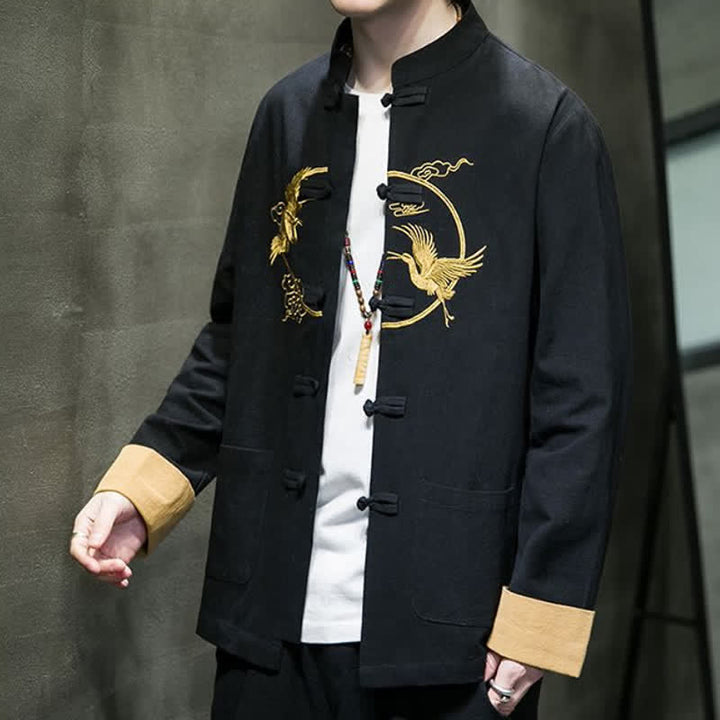 Buddha Stones Fall Winter Tang Style Vintage Frog Button Crane Clouds Embroidery Pattern Cotton Men's Jacket With Pockets - image 10