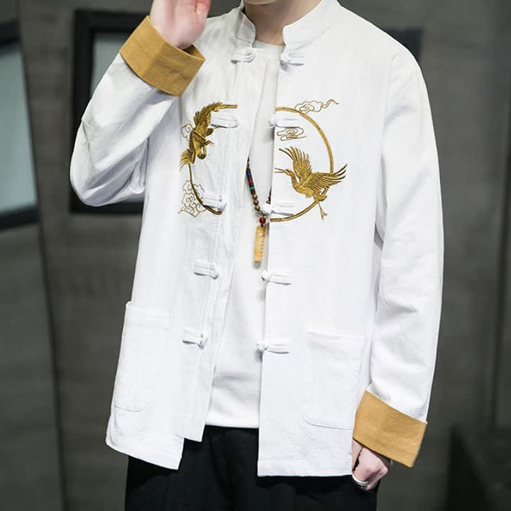 Buddha Stones Fall Winter Tang Style Vintage Frog Button Crane Clouds Embroidery Pattern Cotton Men's Jacket With Pockets - image 27