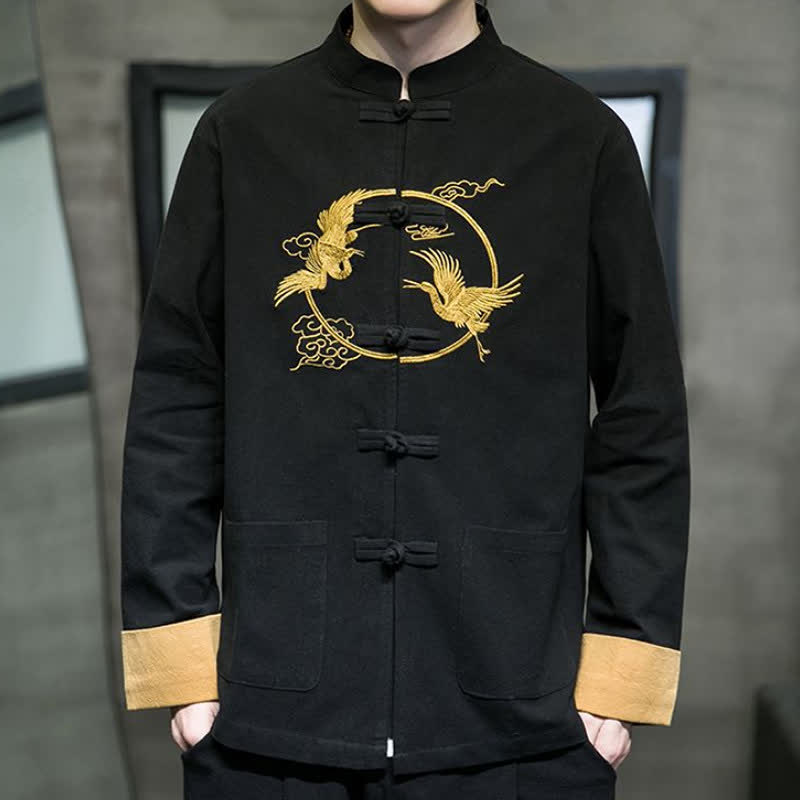 Buddha Stones Fall Winter Tang Style Vintage Frog Button Crane Clouds Embroidery Pattern Cotton Men's Jacket With Pockets - image 14