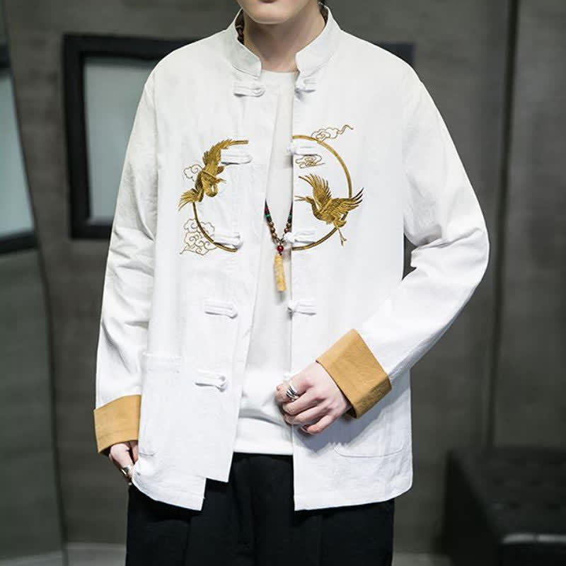 Buddha Stones Fall Winter Tang Style Vintage Frog Button Crane Clouds Embroidery Pattern Cotton Men's Jacket With Pockets - image 28