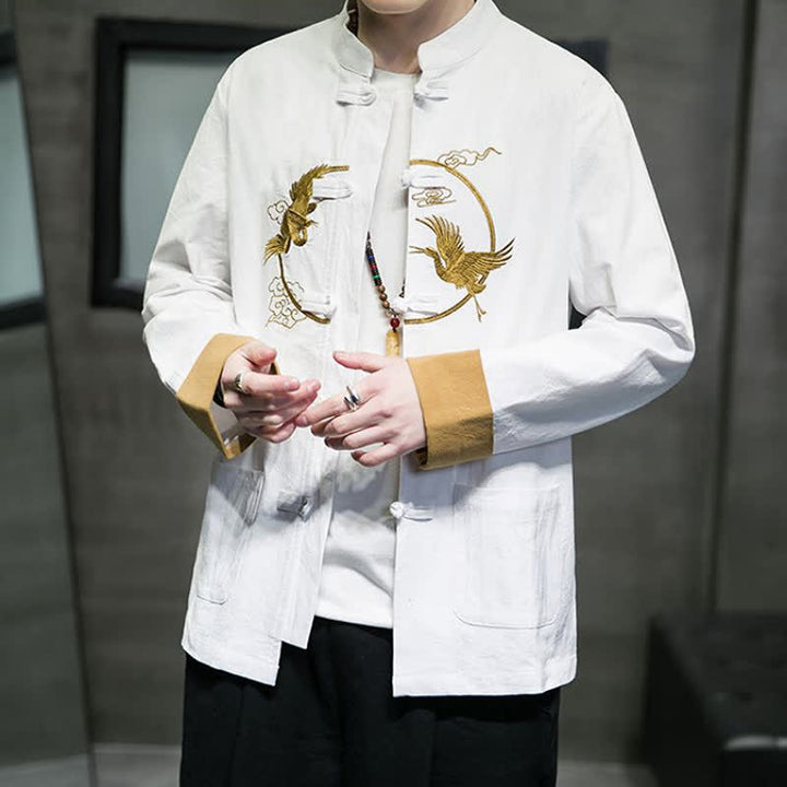 Buddha Stones Fall Winter Tang Style Vintage Frog Button Crane Clouds Embroidery Pattern Cotton Men's Jacket With Pockets - image 29