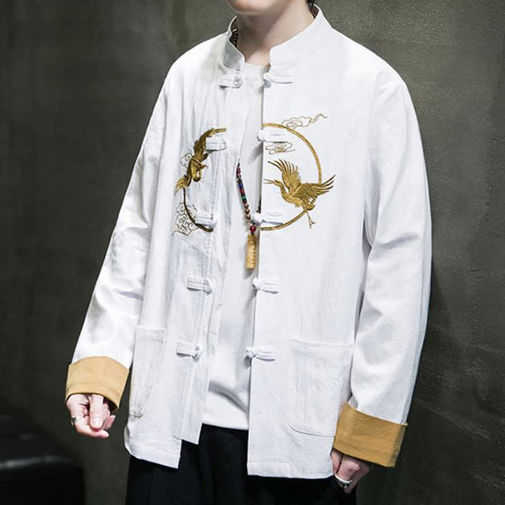 Buddha Stones Fall Winter Tang Style Vintage Frog Button Crane Clouds Embroidery Pattern Cotton Men's Jacket With Pockets - image 33