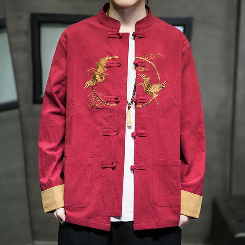 Buddha Stones Fall Winter Tang Style Vintage Frog Button Crane Clouds Embroidery Pattern Cotton Men's Jacket With Pockets - image 2