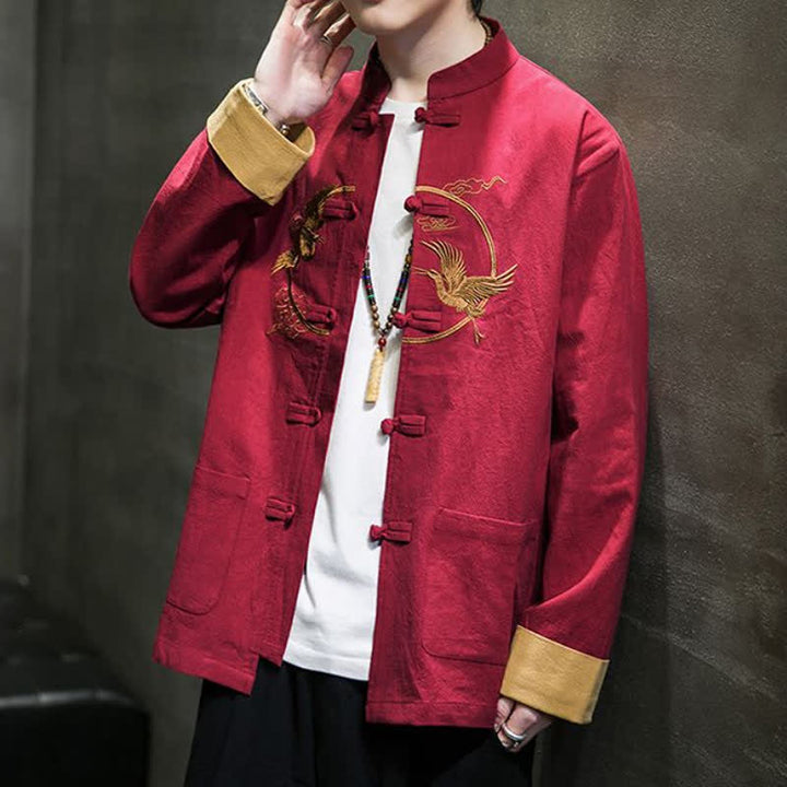 Buddha Stones Fall Winter Tang Style Vintage Frog Button Crane Clouds Embroidery Pattern Cotton Men's Jacket With Pockets - image 6