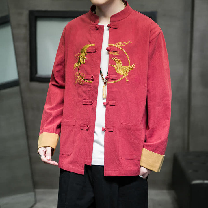 Buddha Stones Fall Winter Tang Style Vintage Frog Button Crane Clouds Embroidery Pattern Cotton Men's Jacket With Pockets - image 1