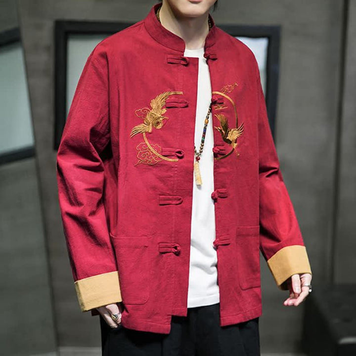 Buddha Stones Fall Winter Tang Style Vintage Frog Button Crane Clouds Embroidery Pattern Cotton Men's Jacket With Pockets - image 3