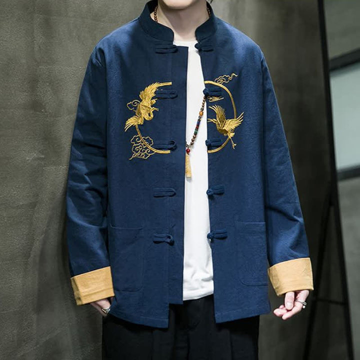 Buddha Stones Fall Winter Tang Style Vintage Frog Button Crane Clouds Embroidery Pattern Cotton Men's Jacket With Pockets - image 21