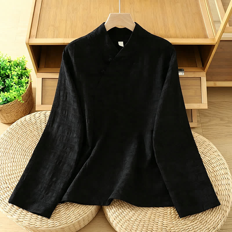 Buddha Stones Spring Fall Tang Style Minimalist Mandarin Collar Solid Women's Long Sleeve Shirts - Black - US6, UK/AU10, EU38 (XL) - image 10