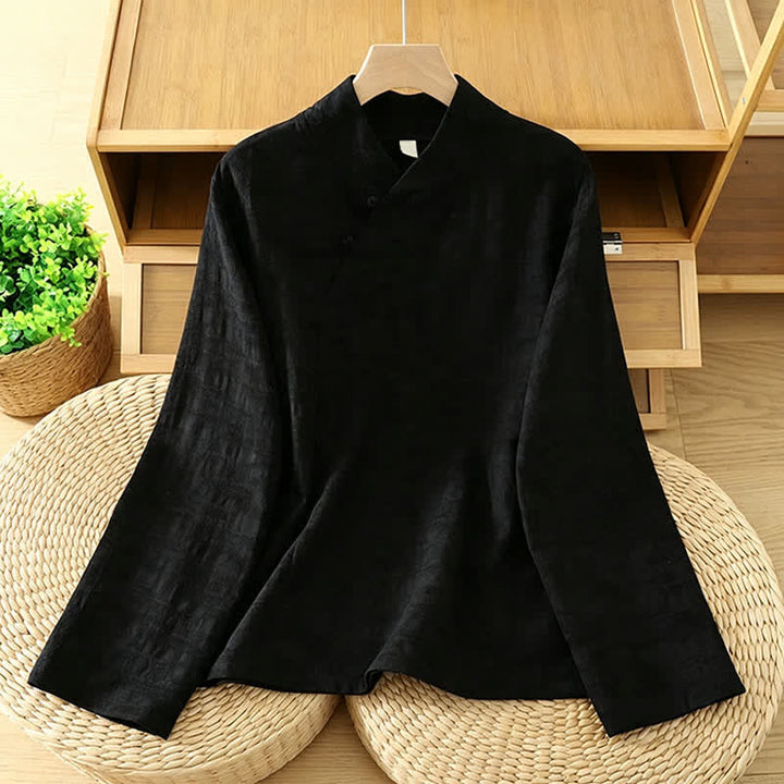 Buddha Stones Spring Fall Tang Style Minimalist Mandarin Collar Solid Women's Long Sleeve Shirts - Black - US6, UK/AU10, EU38 (XL) - image 10