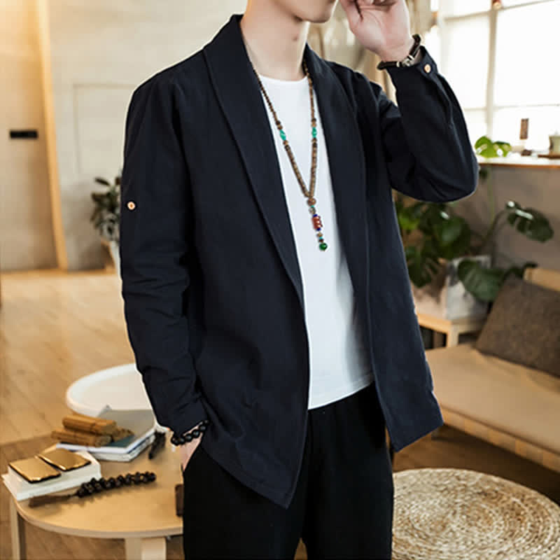 Buddha Stones Spring Fall Casual Minimalist Solid Men's Kimono - Black - US/UK/AU46, EU56 (5XL) - image 15