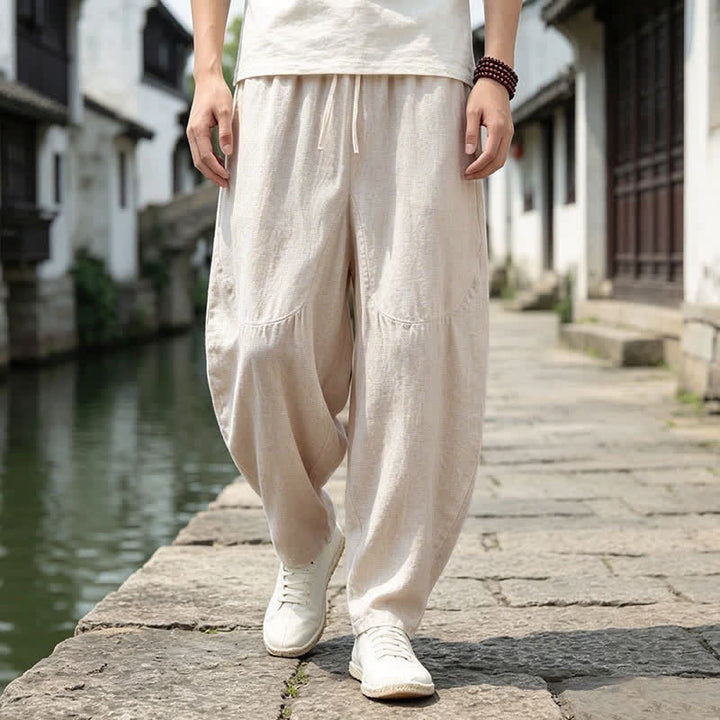 Buddha Stones Spring Summer Vintage Casual Drawstring Solid Cropped Pants Men's Harem Pants With Pockets - image 2