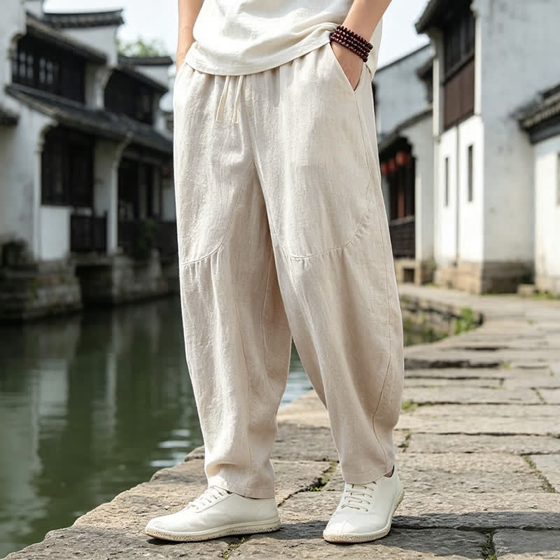 Buddha Stones Spring Summer Vintage Casual Drawstring Solid Cropped Pants Men's Harem Pants With Pockets - image 3
