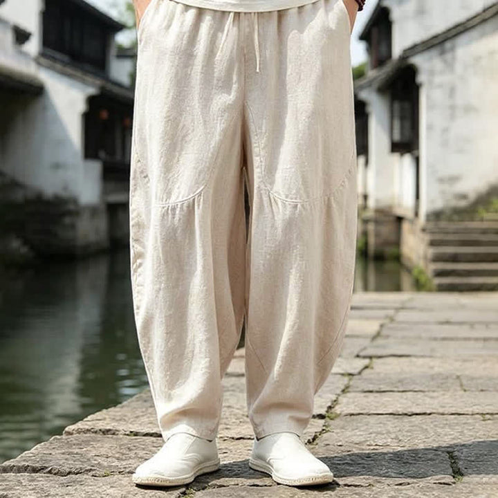 Buddha Stones Spring Summer Vintage Casual Drawstring Solid Cropped Pants Men's Harem Pants With Pockets - image 1