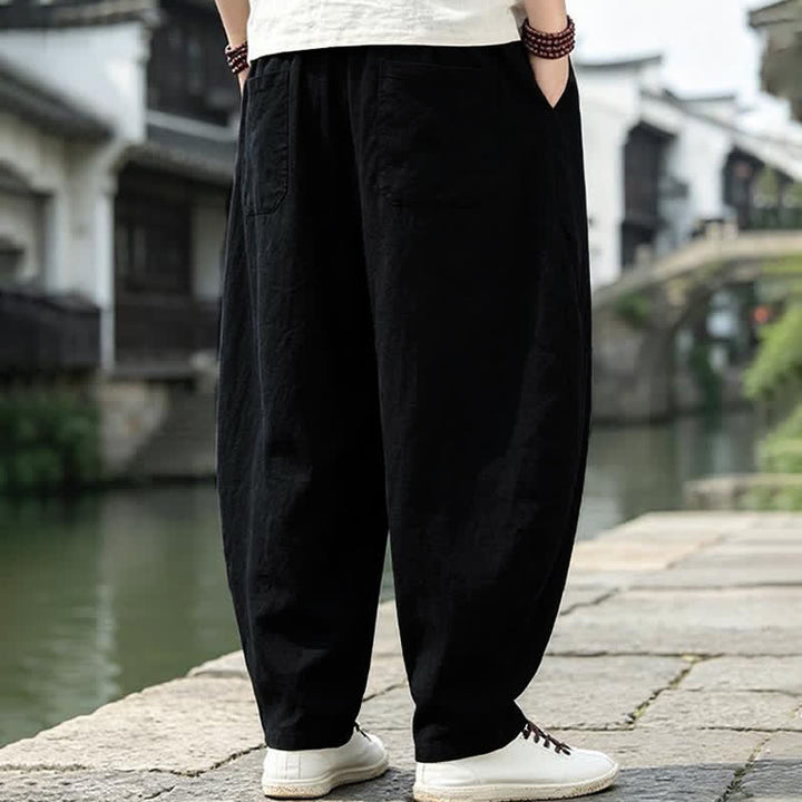 Buddha Stones Spring Summer Vintage Casual Drawstring Solid Cropped Pants Men's Harem Pants With Pockets - image 7