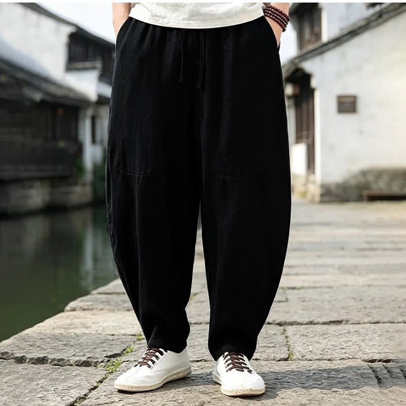 Buddha Stones Spring Summer Vintage Casual Drawstring Solid Cropped Pants Men's Harem Pants With Pockets - image 5