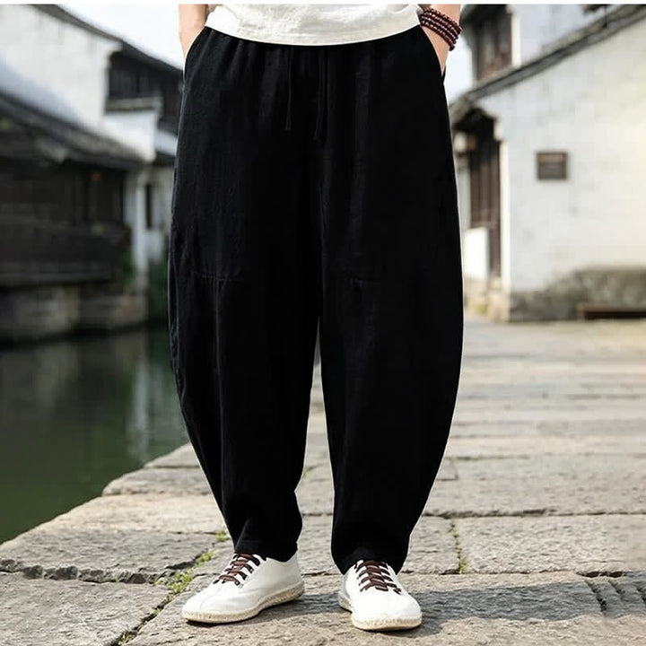 Buddha Stones Spring Summer Vintage Casual Drawstring Solid Cropped Pants Men's Harem Pants With Pockets - image 5