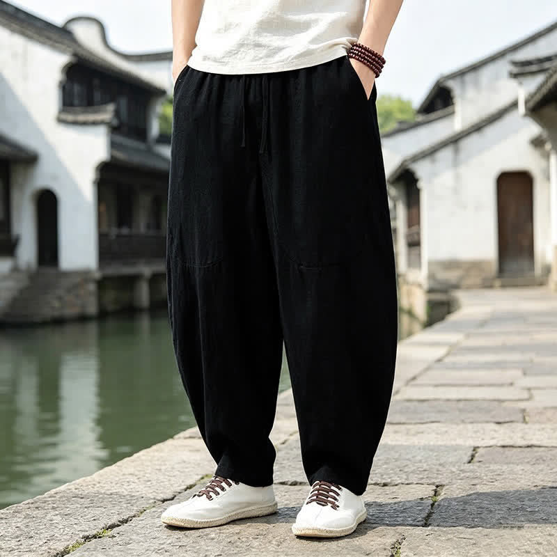 Buddha Stones Spring Summer Vintage Casual Drawstring Solid Cropped Pants Men's Harem Pants With Pockets - Black - US/UK/AU46, EU56 (5XL) - image 4