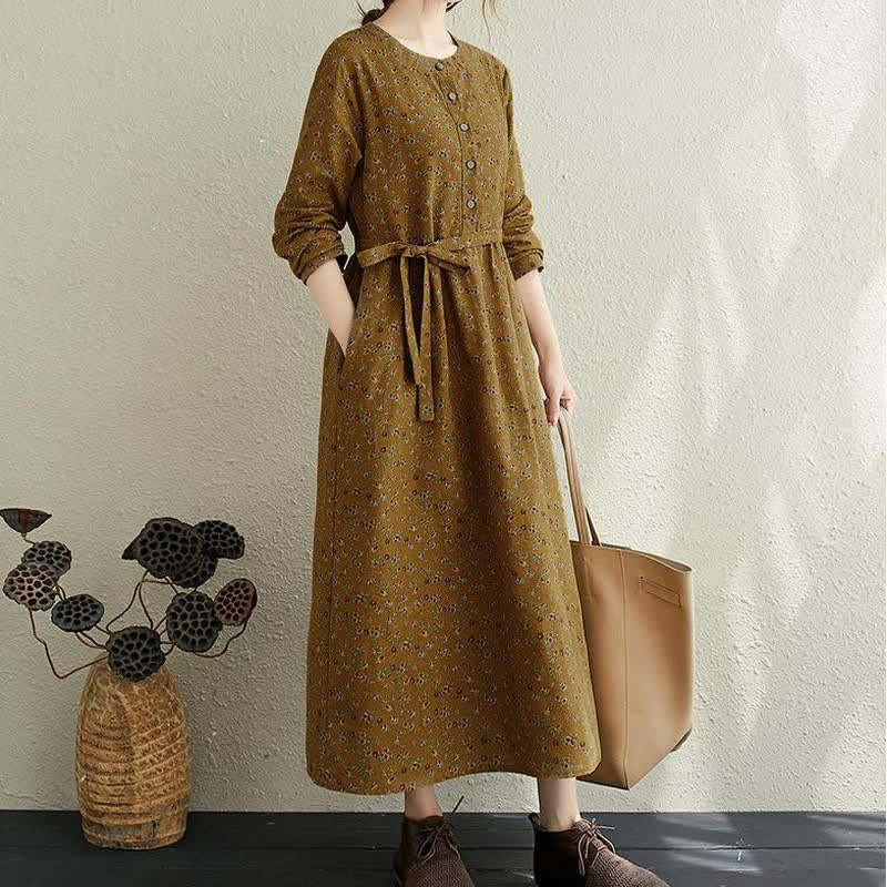 Buddha Stones Fall Casual Vintage Button-Up Floral Women's Long Sleeve Dress With Pocket - image 1