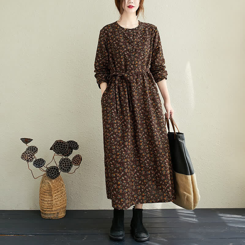 Buddha Stones Fall Casual Vintage Button-Up Floral Women's Long Sleeve Dress With Pocket - SaddleBrown - US12-14, UK/AU16-18, EU42-44 (3XL) - image 15