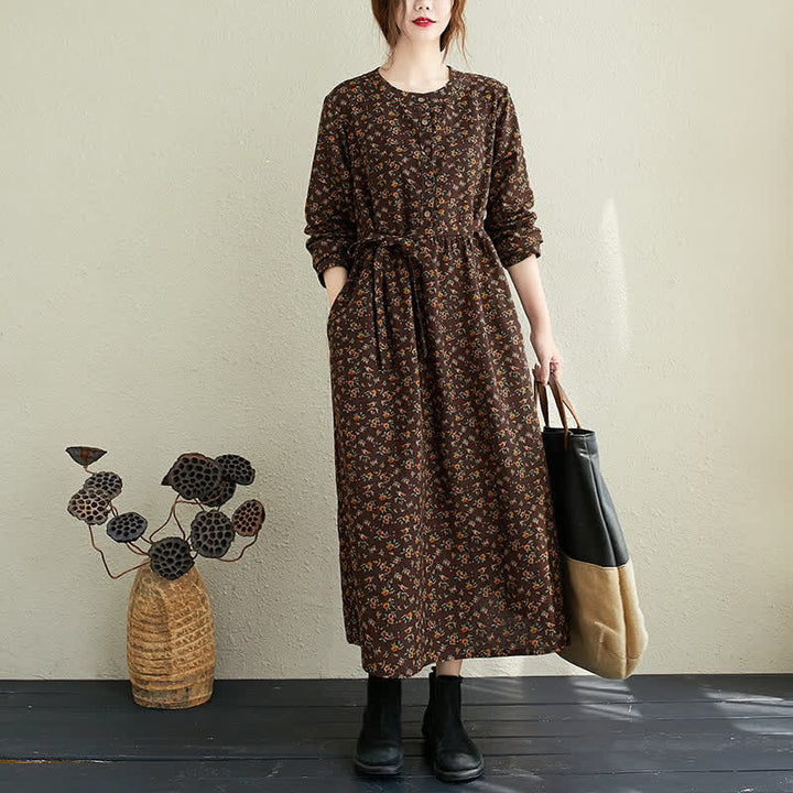 Buddha Stones Fall Casual Vintage Button-Up Floral Women's Long Sleeve Dress With Pocket - SaddleBrown - US12-14, UK/AU16-18, EU42-44 (3XL) - image 15