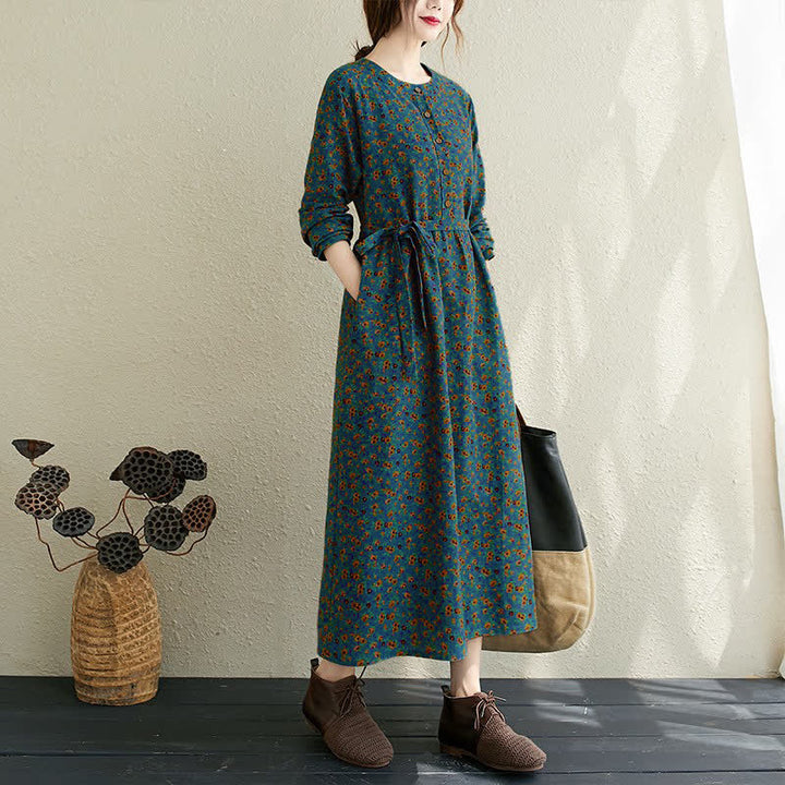Buddha Stones Fall Casual Vintage Button-Up Floral Women's Long Sleeve Dress With Pocket - Teal - US12-14, UK/AU16-18, EU42-44 (3XL) - image 12