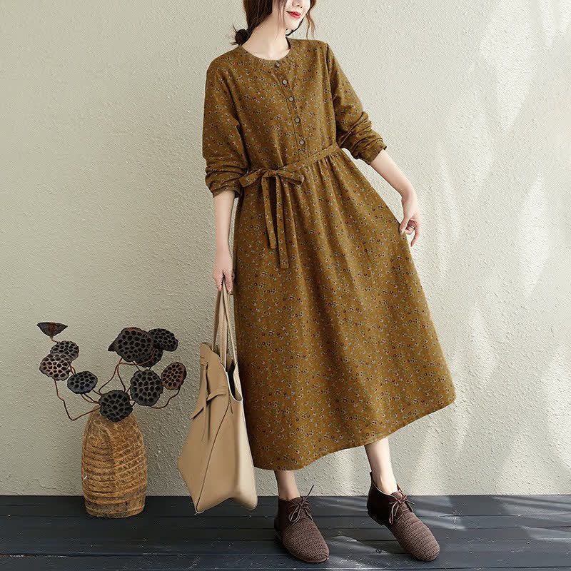 Buddha Stones Fall Casual Vintage Button-Up Floral Women's Long Sleeve Dress With Pocket - DarkKhaki - US12-14, UK/AU16-18, EU42-44 (3XL) - image 0