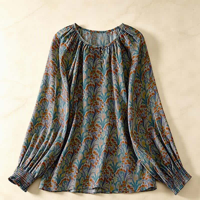 Buddha Stones Fall Vintage Floral Women's Long Sleeve Shirts - Teal - US8-10, UK/AU12-14, EU40-42 (2XL) - image 0